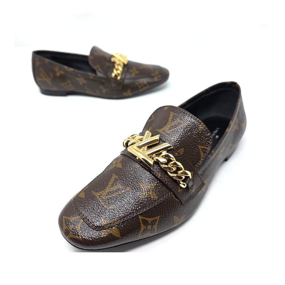 Louis Vuitton Monogram Uppercase Flat Loafers LV Logo Chain Gold Hardware 36 6